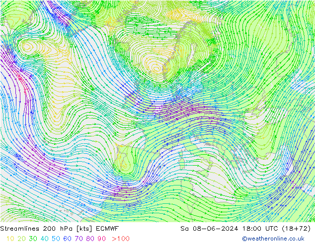 Stroomlijn 200 hPa ECMWF za 08.06.2024 18 UTC