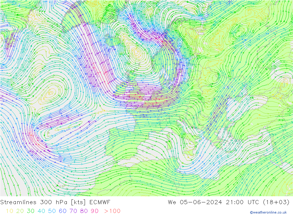 Streamlines 300 hPa ECMWF We 05.06.2024 21 UTC