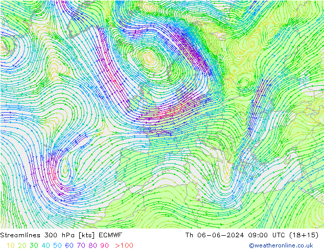 Linea di flusso 300 hPa ECMWF gio 06.06.2024 09 UTC