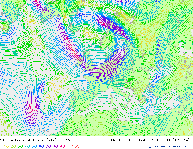 Streamlines 300 hPa ECMWF Th 06.06.2024 18 UTC