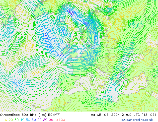 Streamlines 500 hPa ECMWF We 05.06.2024 21 UTC