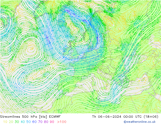 Streamlines 500 hPa ECMWF Th 06.06.2024 00 UTC