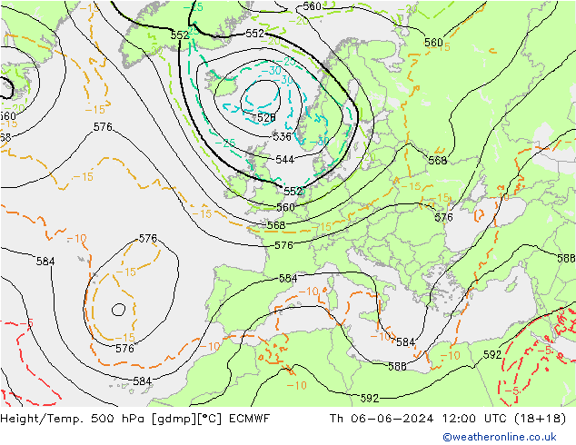 Z500/Rain (+SLP)/Z850 ECMWF Th 06.06.2024 12 UTC