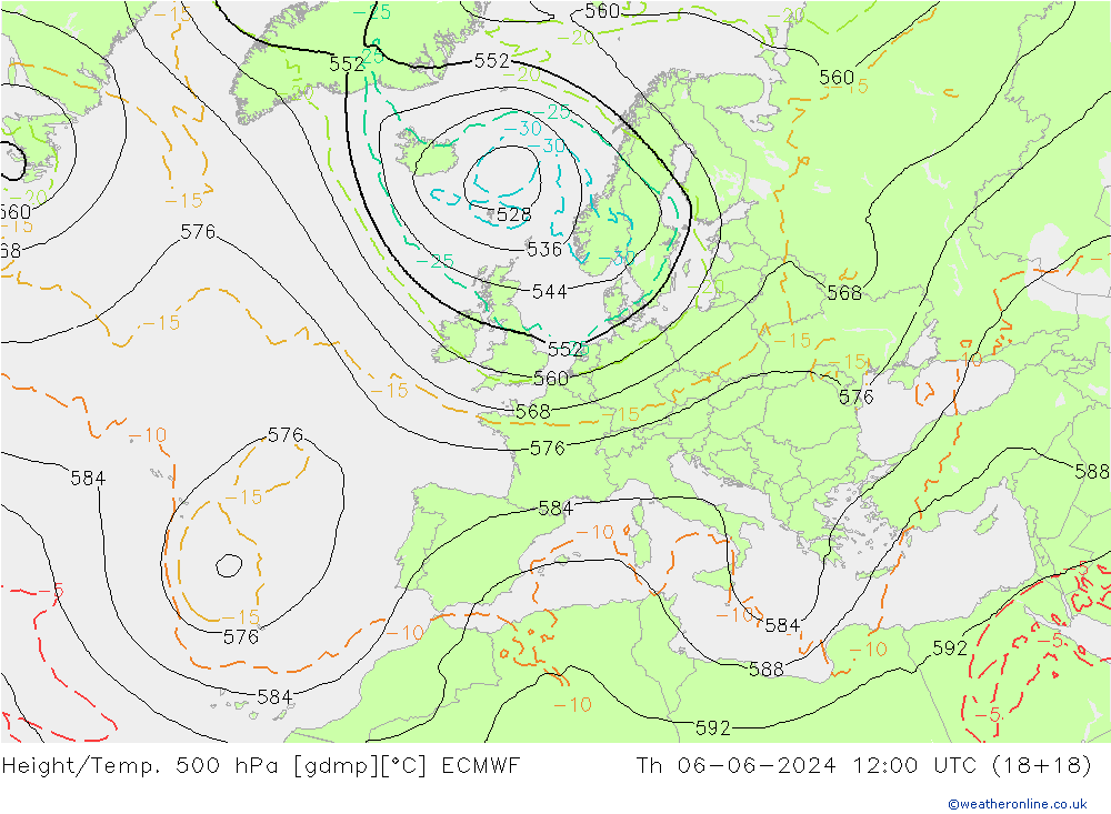 Height/Temp. 500 hPa ECMWF gio 06.06.2024 12 UTC