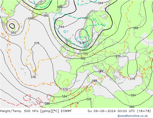 Z500/Rain (+SLP)/Z850 ECMWF So 09.06.2024 00 UTC