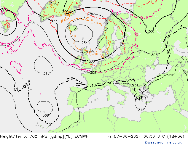 Height/Temp. 700 гПа ECMWF пт 07.06.2024 06 UTC