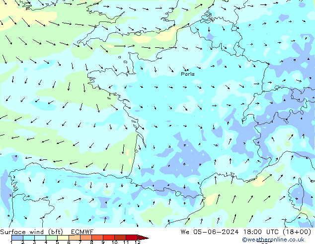 Viento 10 m (bft) ECMWF mié 05.06.2024 18 UTC