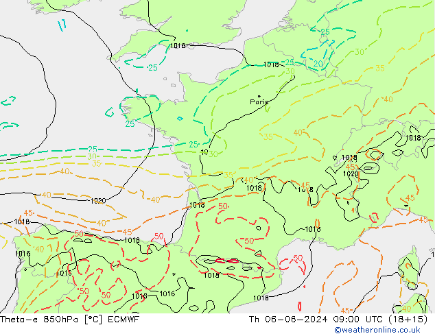 Theta-e 850hPa ECMWF Čt 06.06.2024 09 UTC