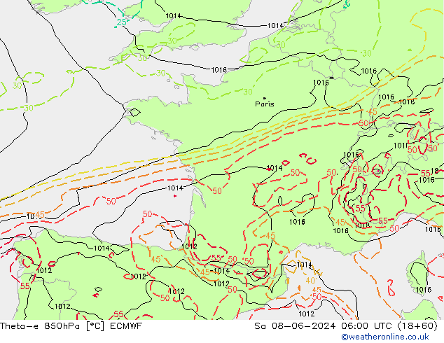 Theta-e 850hPa ECMWF Sa 08.06.2024 06 UTC