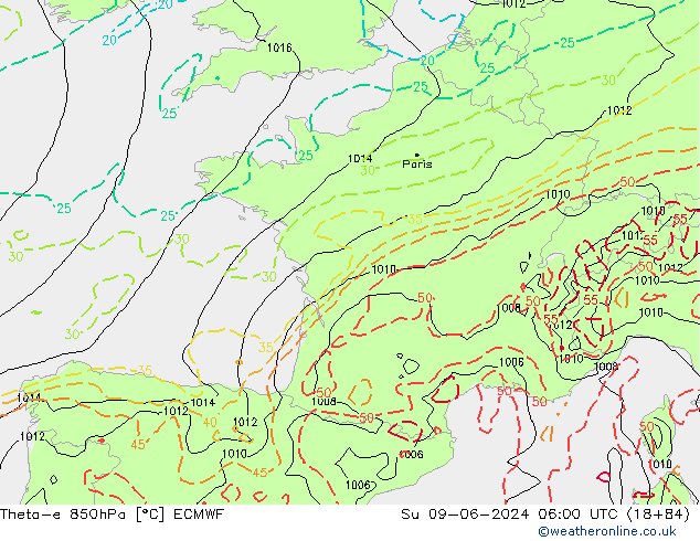 Theta-e 850hPa ECMWF dom 09.06.2024 06 UTC