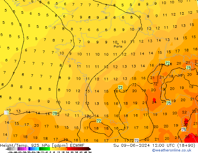 Height/Temp. 925 hPa ECMWF  09.06.2024 12 UTC