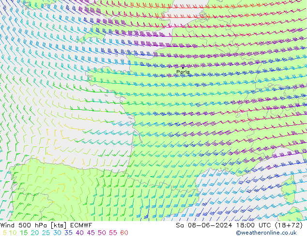 wiatr 500 hPa ECMWF so. 08.06.2024 18 UTC