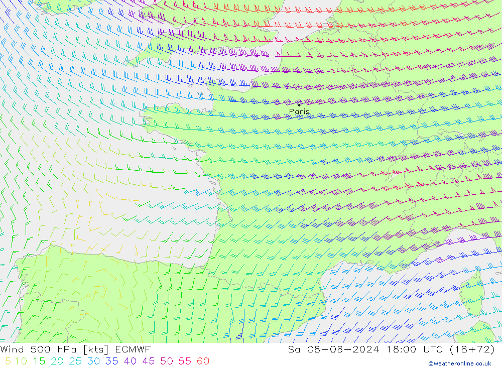 Wind 500 hPa ECMWF Sa 08.06.2024 18 UTC