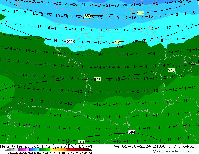 Height/Temp. 500 hPa ECMWF Qua 05.06.2024 21 UTC