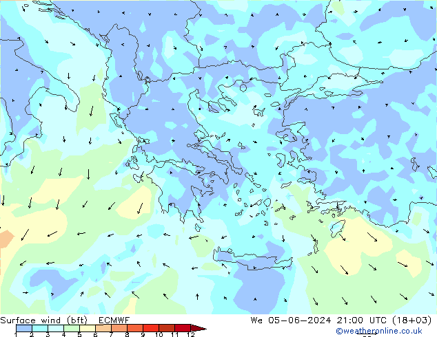 Vento 10 m (bft) ECMWF mer 05.06.2024 21 UTC