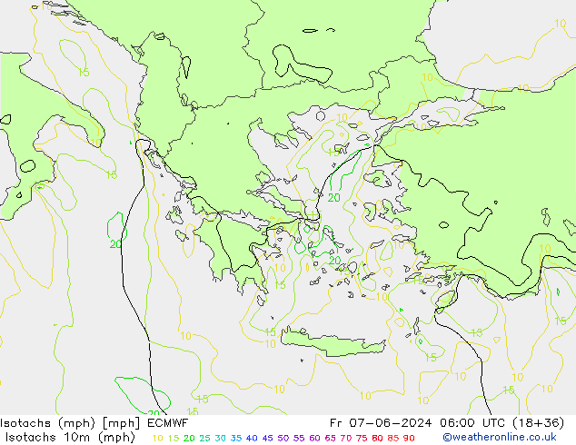 Isotaca (mph) ECMWF vie 07.06.2024 06 UTC