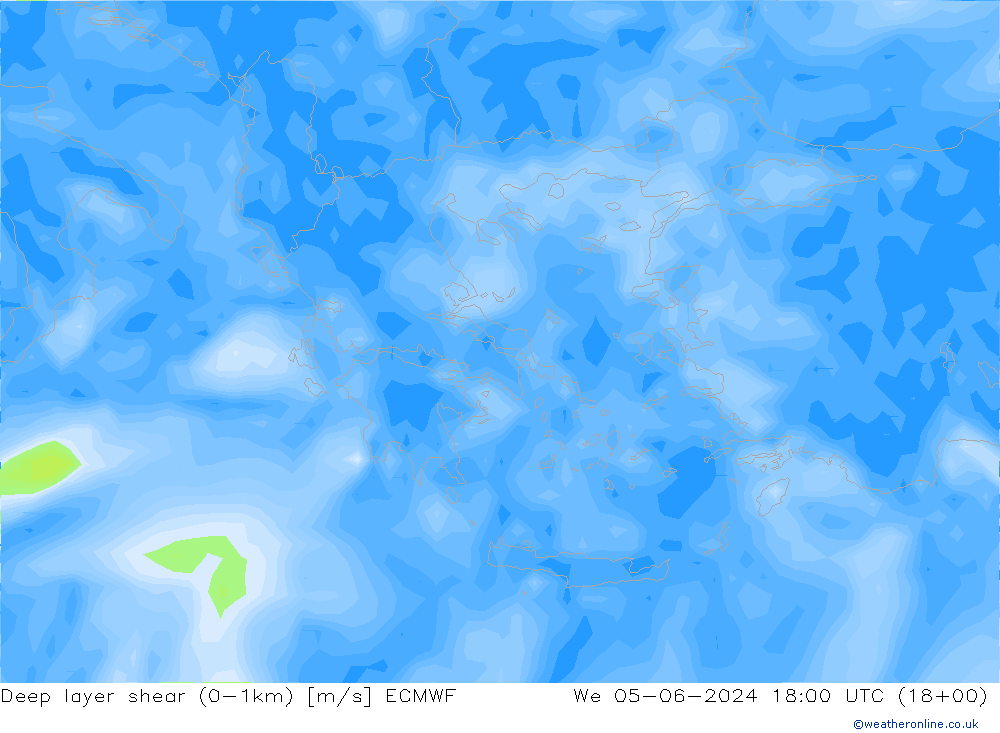 Deep layer shear (0-1km) ECMWF We 05.06.2024 18 UTC