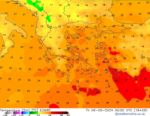 Sıcaklık Haritası (2m) ECMWF Per 06.06.2024 00 UTC