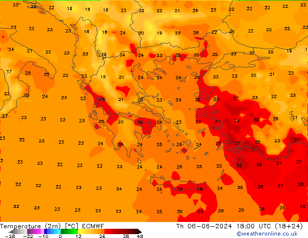 Temperatuurkaart (2m) ECMWF do 06.06.2024 18 UTC