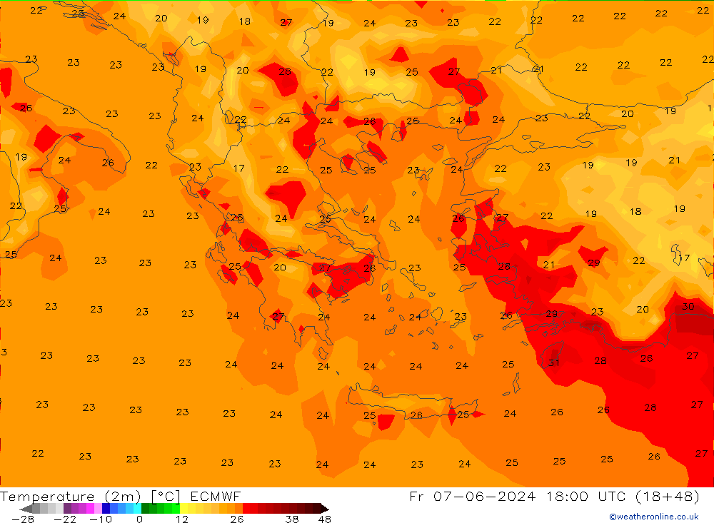 Temperature (2m) ECMWF Fr 07.06.2024 18 UTC