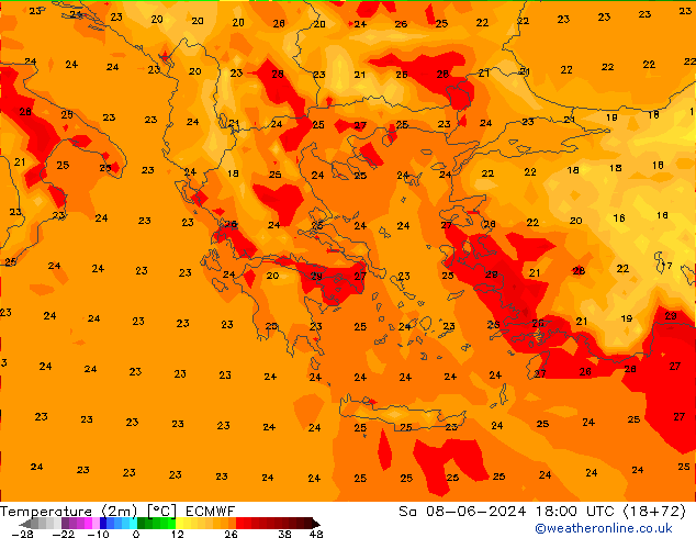 mapa temperatury (2m) ECMWF so. 08.06.2024 18 UTC