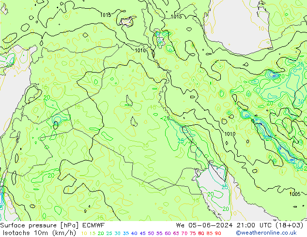 Isotachs (kph) ECMWF mer 05.06.2024 21 UTC