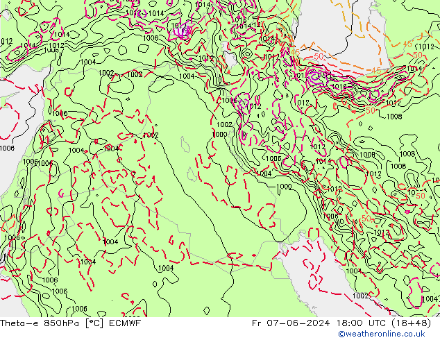 Theta-e 850hPa ECMWF Fr 07.06.2024 18 UTC