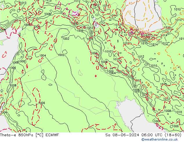 Theta-e 850hPa ECMWF so. 08.06.2024 06 UTC