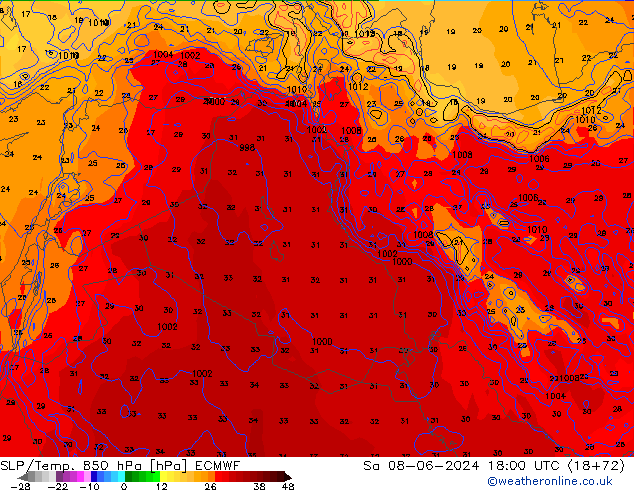 SLP/Temp. 850 hPa ECMWF Sa 08.06.2024 18 UTC