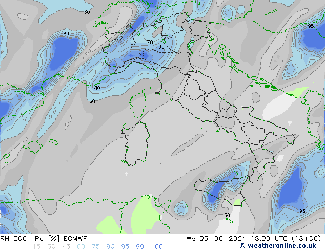 RH 300 гПа ECMWF ср 05.06.2024 18 UTC