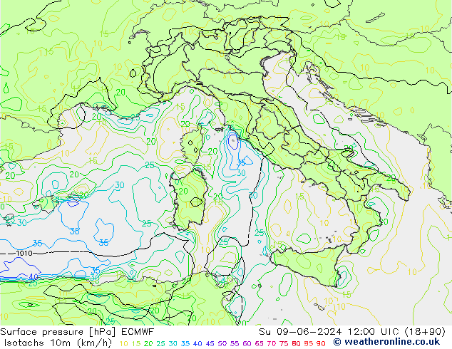 Isotachen (km/h) ECMWF So 09.06.2024 12 UTC