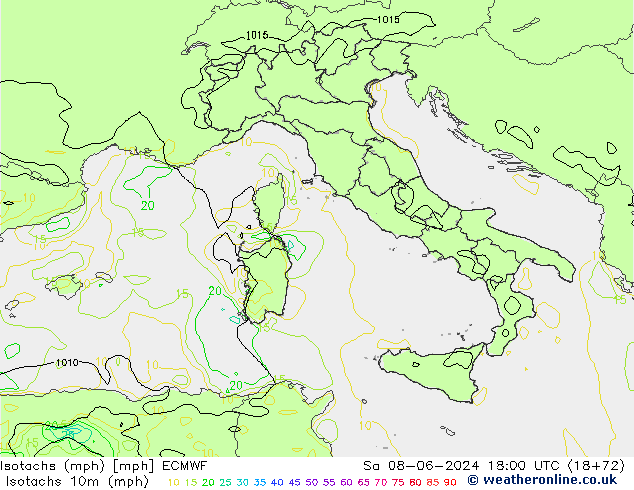 Isotachs (mph) ECMWF Sáb 08.06.2024 18 UTC