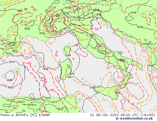 Theta-e 850hPa ECMWF Sáb 08.06.2024 06 UTC