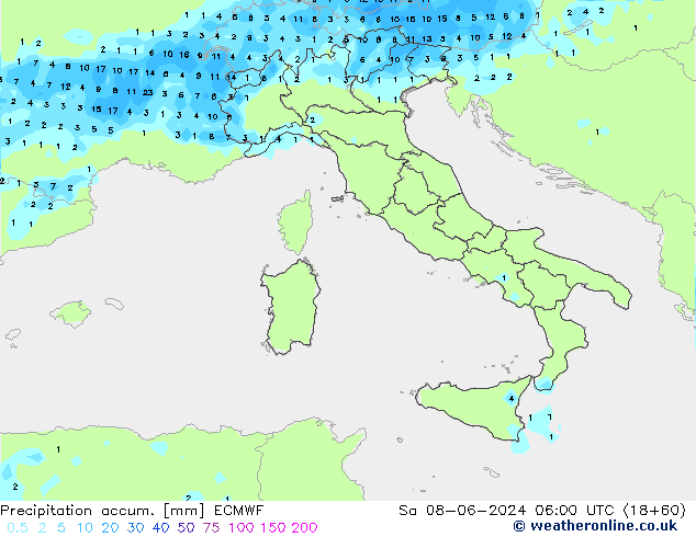 Precipitación acum. ECMWF sáb 08.06.2024 06 UTC