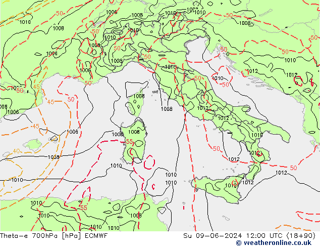 Theta-e 700hPa ECMWF dom 09.06.2024 12 UTC