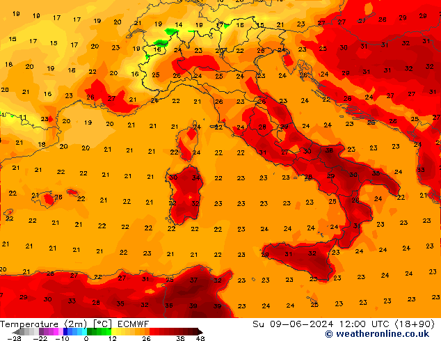 Temperature (2m) ECMWF Su 09.06.2024 12 UTC