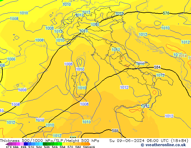 Dikte 500-1000hPa ECMWF zo 09.06.2024 06 UTC