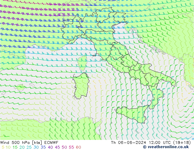 Vento 500 hPa ECMWF gio 06.06.2024 12 UTC