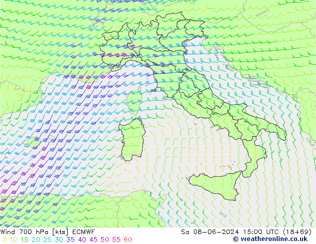 wiatr 700 hPa ECMWF so. 08.06.2024 15 UTC