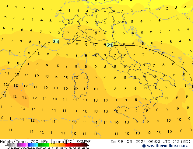 Height/Temp. 700 гПа ECMWF сб 08.06.2024 06 UTC