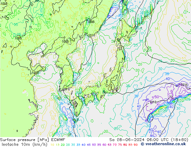 Isotaca (kph) ECMWF sáb 08.06.2024 06 UTC