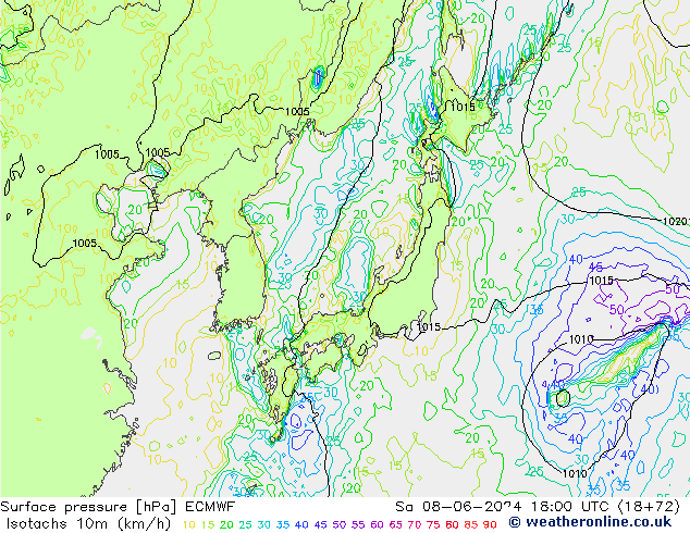 Isotachs (kph) ECMWF Sáb 08.06.2024 18 UTC