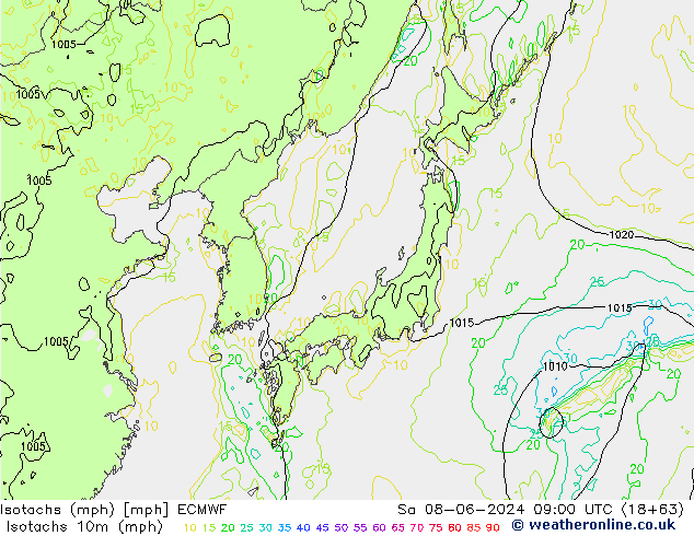 Isotachen (mph) ECMWF za 08.06.2024 09 UTC