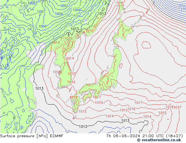 Atmosférický tlak ECMWF Čt 06.06.2024 21 UTC