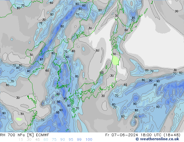 RH 700 гПа ECMWF пт 07.06.2024 18 UTC