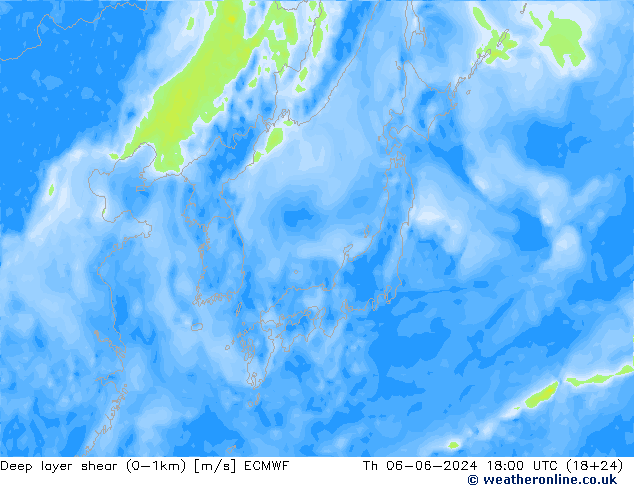 Deep layer shear (0-1km) ECMWF  06.06.2024 18 UTC