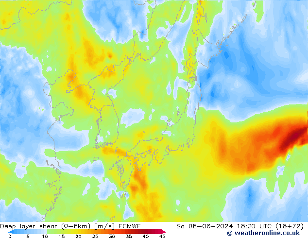 Deep layer shear (0-6km) ECMWF Sáb 08.06.2024 18 UTC