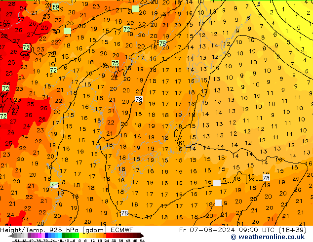 Height/Temp. 925 hPa ECMWF Pá 07.06.2024 09 UTC