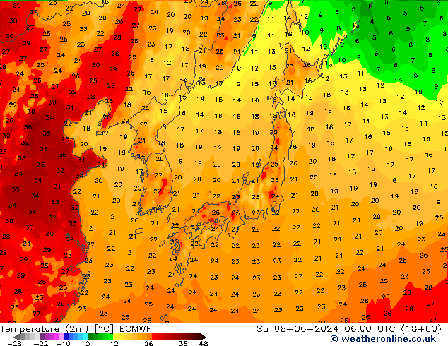 Temperatura (2m) ECMWF Sáb 08.06.2024 06 UTC