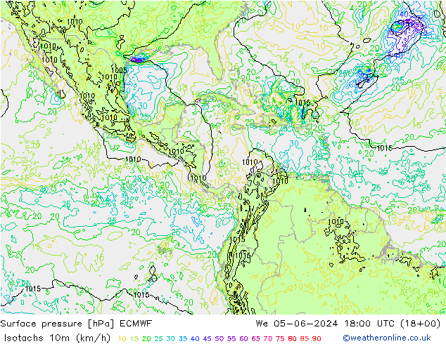 Isotaca (kph) ECMWF mié 05.06.2024 18 UTC